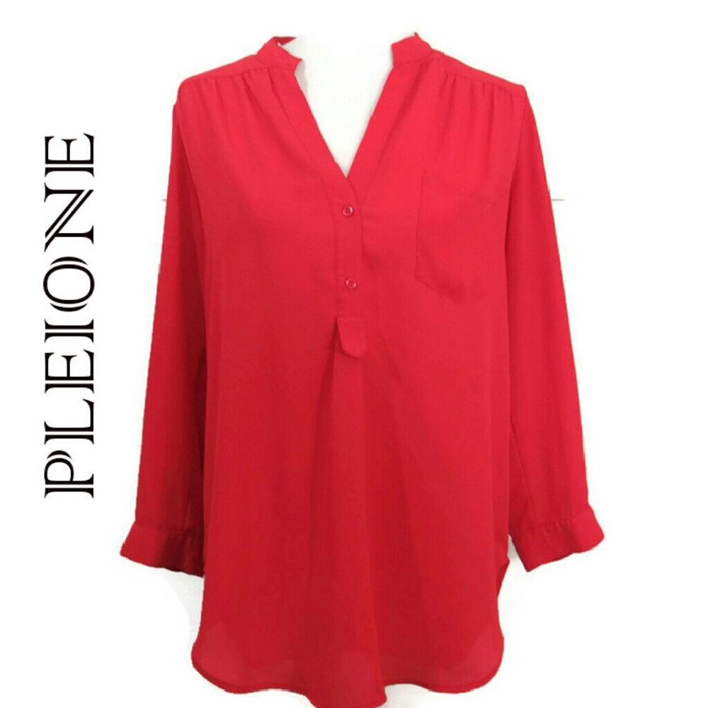 Pleione Red Sheer Roll Tab Sleeve Blouse (S)